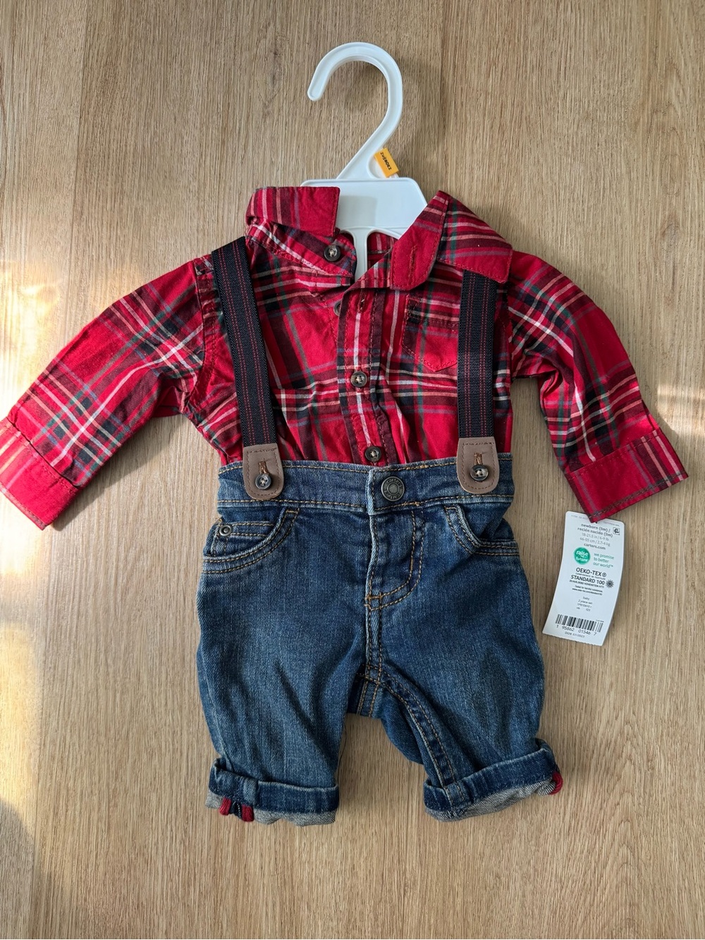 Carter's Red Plaid Shirt with Dark Blue Denim Suspender Overalls